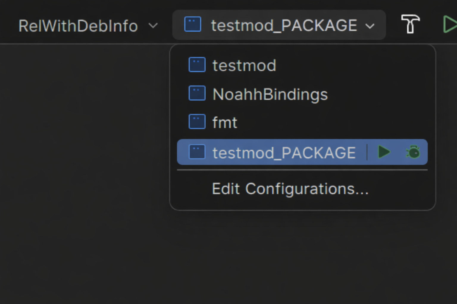 Image showing the CLion Configuration dropdown