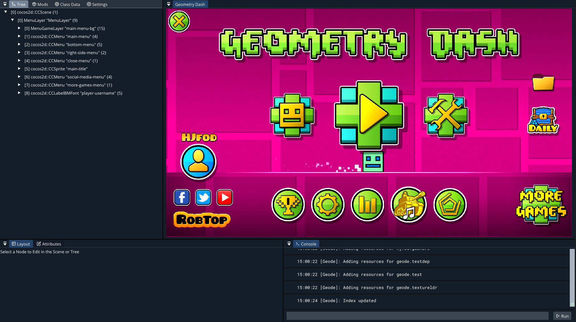 Image of the DevTools mod open in GD, focused on MenuLayer