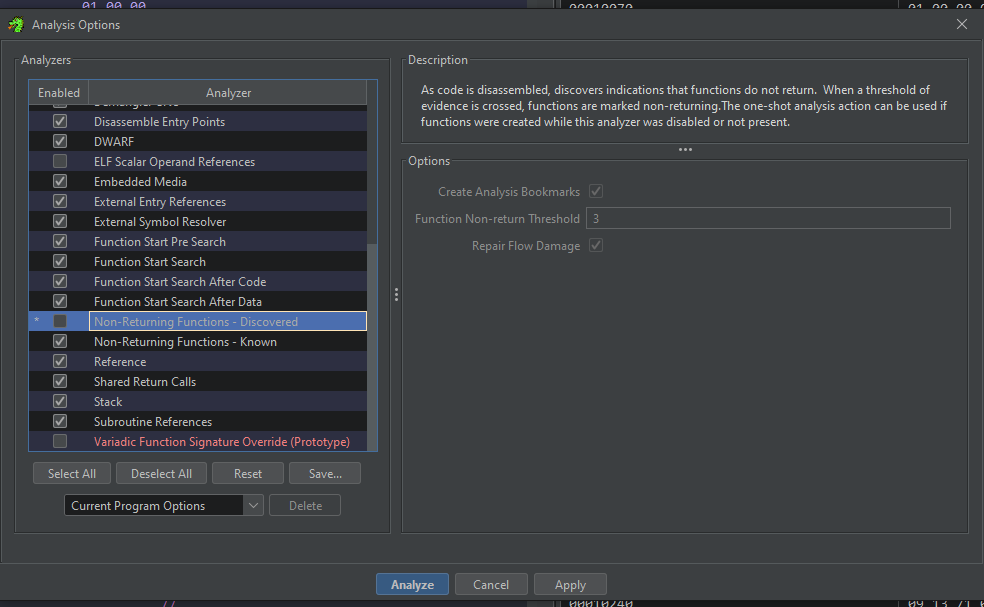 Analyzing Android GD, with the Non returning functions: discovered option disabled
