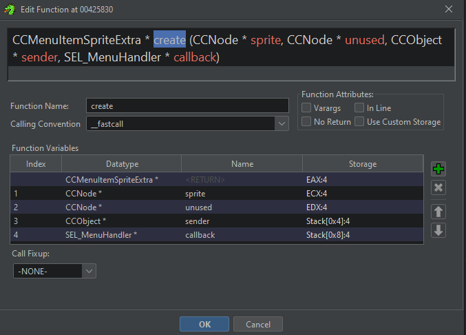 The correct signature for CCMenuItemSpriteExtra::create in Ghidra
