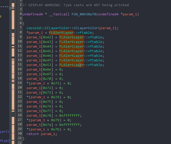 Picture showing FLAlertLayer’s constructor open in the decompiler
