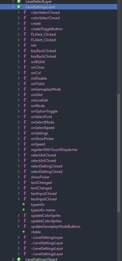 LevelSettingsLayer from Android open in Ghidra, showing a lot more functions
