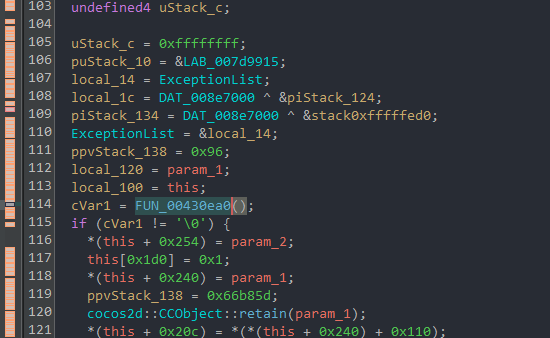 Picture showing an unknown function call at the start of what we assume to be LevelSettingsLayer::init