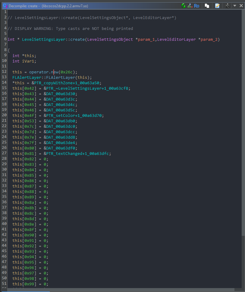 LevelSettingsLayer::create on Android, showing that the constructor has been inlined
