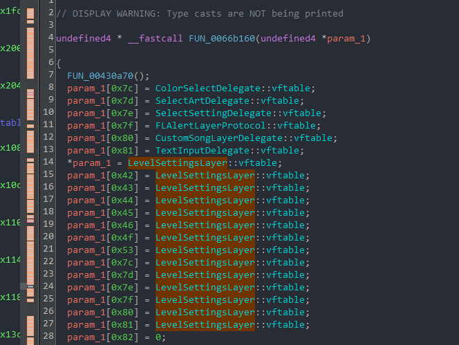 Picture showing one of the XREFs for LevelSettingsLayer open in the decompiler, likely being the constructor