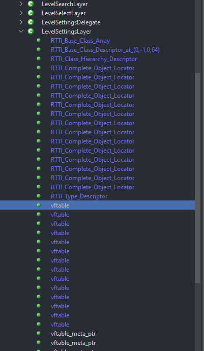 Picture showing LevelSettingsLayer open in the Ghidra class list