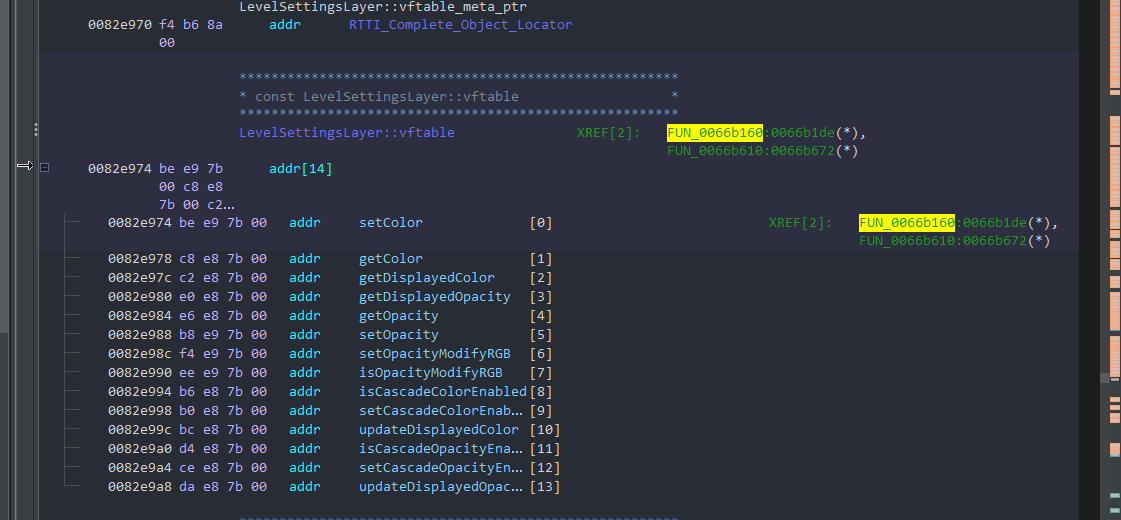 Picture showing a vtable for LevelSettingsLayer, with two XREFs