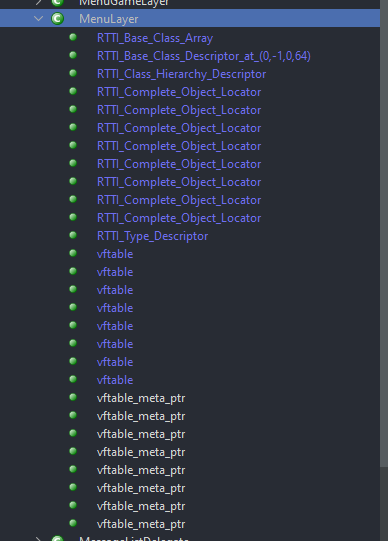 Picture showing MenuLayer’s vtable open in Ghidra