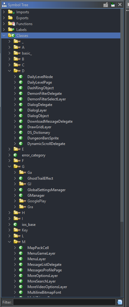 Picture showing the list of classes in GD open in Ghidra