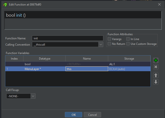Picture showing fixing MenuLayer::init’s signature in Ghidra using the Edit Function Signature option