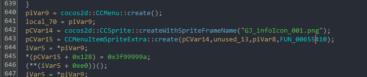 A call to CCMenuItemSpriteExtra::create in Ghidra with the correct args