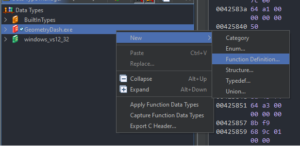 Adding a new function definition in Ghidra